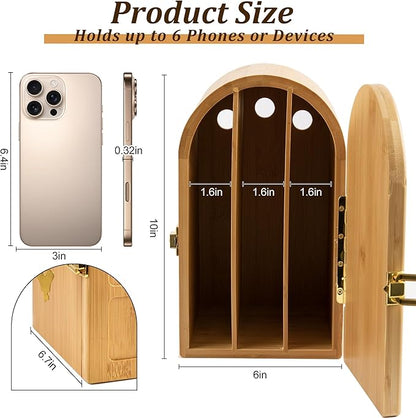 Bamboo Phone Jail with Lock, Phone Box for Family Time Cell Phone Lock Box with 3 Charging Holes, Self-Discipline Box Help People Focus Back