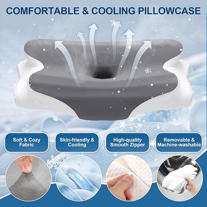 Cervical Pillow for Neck and Shoulder Relief, Cooling Memory Foam Pillow for Sleeping, Ergonomic Neck Support Pillow Contour Bed Pillow for Back Side Stomach Sleepers with Pillowcase