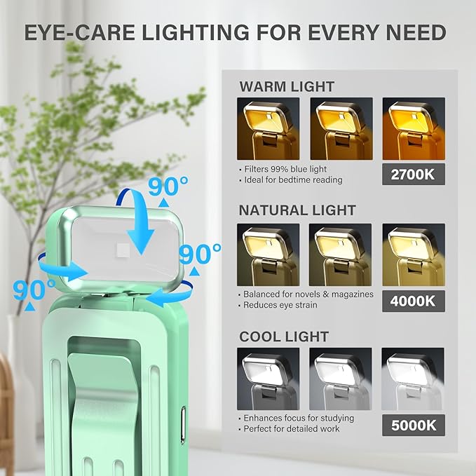 Rechargeable Clip-On Book Light with Battery Indicator - 9 Modes (3 Color × 3 Brightness), USB-C Fast Charge, Ultralight 1.6 oz & 0.49" Slim, Bed Reading Lamp Stocking Stuffer for Book Lovers, Green
