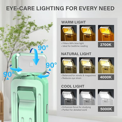 Rechargeable Clip-On Book Light with Battery Indicator - 9 Modes (3 Color × 3 Brightness), USB-C Fast Charge, Ultralight 1.6 oz & 0.49" Slim, Bed Reading Lamp Stocking Stuffer for Book Lovers, Green