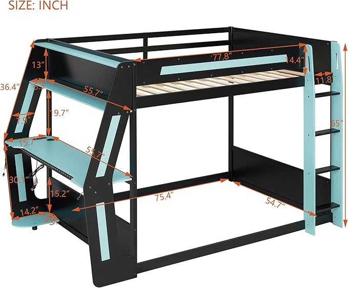 Full Size Gaming Loft Bed with Desk & Charging Ports & RGB Light Strip,Heavy-Duty Wood Bunk Bed Frame with Storage Shelves,Safety Guardrails & Ladder for PC & Console Gamers,Under-Bed Space,Cloud Blue