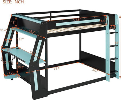 Full Size Gaming Loft Bed with Desk & Charging Ports & RGB Light Strip,Heavy-Duty Wood Bunk Bed Frame with Storage Shelves,Safety Guardrails & Ladder for PC & Console Gamers,Under-Bed Space,Cloud Blue