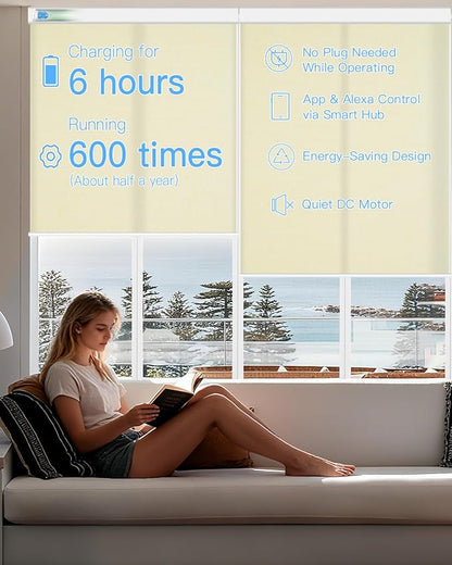 Motorized Light Filtering Roller Shades with Remote Control, Smart Blinds for Windows Compatible with Alexa Google via Hub, Rechargeable Electric Window Shade Customized Size (Beige)