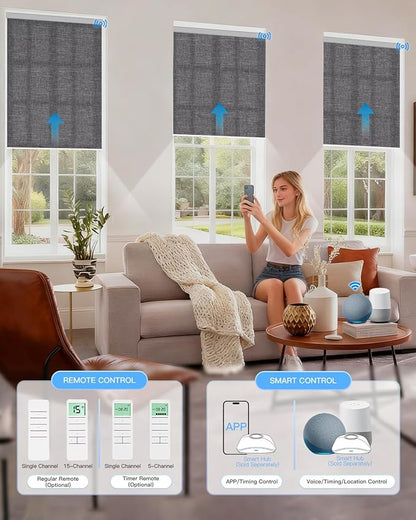 Motorized Light Filtering Roller Shades with Remote Control, Smart Blinds for Windows Compatible with Alexa Google via Hub, Rechargeable Electric Window Shade Customized Size (Dark Grey)