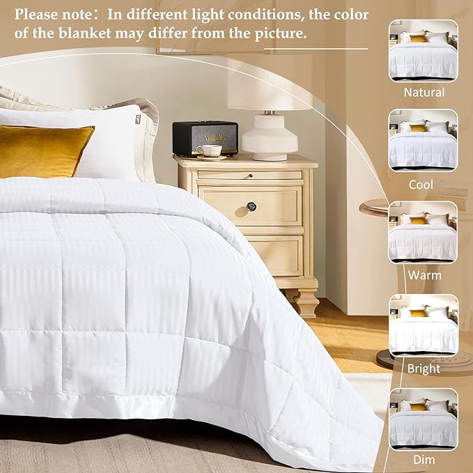 downluxe King Size Blanket with Satin Trim, Lightweight Down Alternative King Blanket for All Season, Machine Washable (White, 108 x 90 Inch)