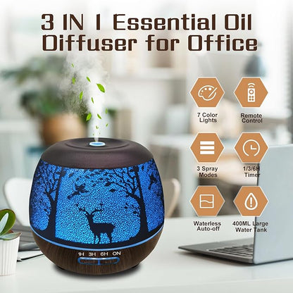 Essential Oil Diffuser for Bedroom,Diffusers for Home with Remote Control,Cool Mist Humidifier Large Room，Ultrasonic Scent Diffuser Waterless Auto Off,7 Colors Light & 3 Mist Modes for Desk Deer