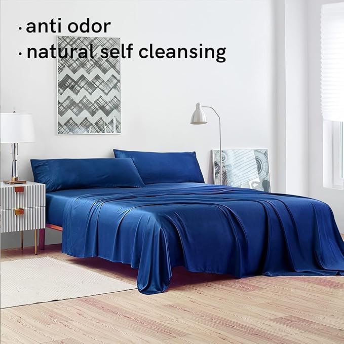 YnM Cooling Bed Sheet Set with 100 Percent Rayon Derived from Bamboo, 400TC Fabric with 1 Pillowcase and Flat Sheet, Deep Pocket Fit 19'', Silky-Soft & Sweat Wicking, 3 Piece (Twin, Dark Blue)