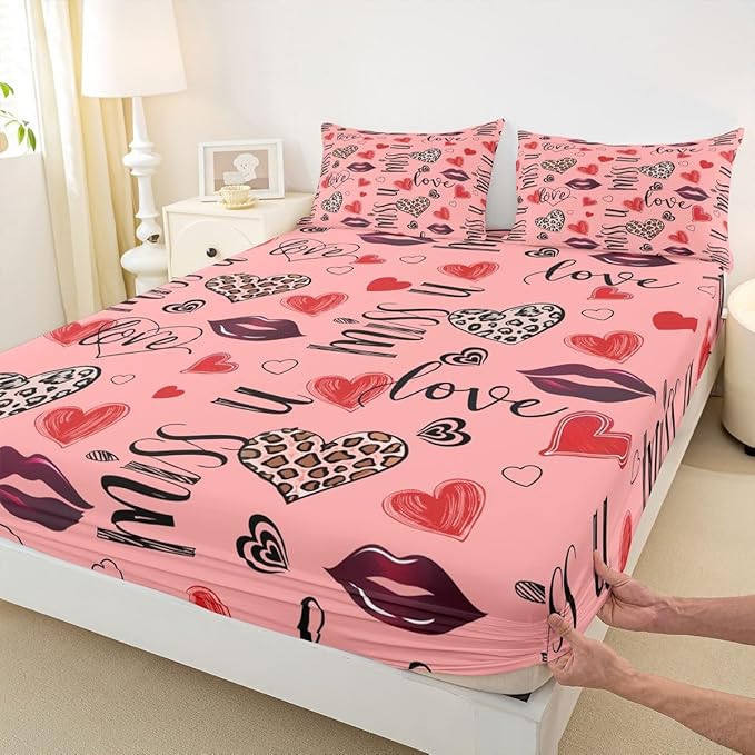 Heart Boys Girls Bed Sheets,Lips Leopard Love Romantic Room Decor,Valentine's Day Chic Kids Twin Size Fitted Sheet,Red Pink Bedding Set,1 Pillowcase(No Flat)
