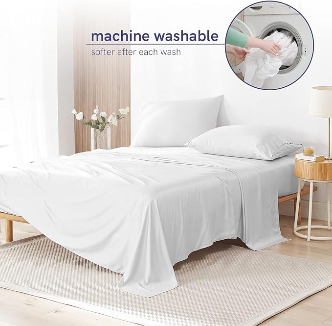 YnM Cooling Bed Sheet Set with 100 Percent Rayon Derived from Bamboo, 400TC Fabric with 2 Pillowcases and Flat Sheet, Deep Pocket Fit 19'', Silky-Soft & Sweat Wicking, 4 Piece (Full, White)