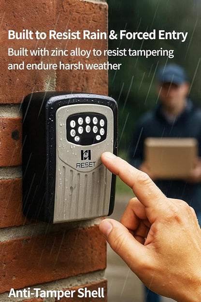 RESET-104 Bluetooth Key Lock Box – Weather-Resistant, IPX5,Durable Metal Construction, Backlit Keypad, Preset 6-Digit Code, Customizable to 8–10 Digits, Ideal for Outdoor Home or Office Use