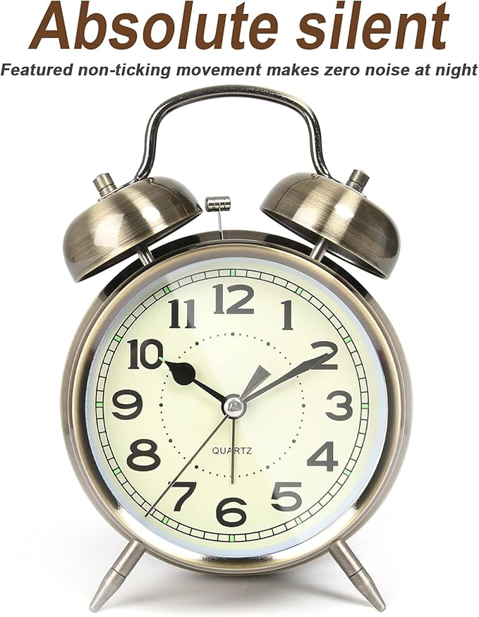 AYRELY® Super Loud Alarm Clock for Heavy Sleepers Adults,Twin Bell Retro 4 Inch Silent Non-Ticking Quartz with Backlight, Alarm Clocks for Bedrooms,Bedside,Study Room (Bronze)