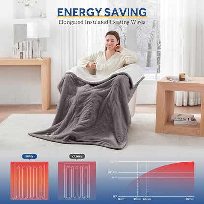 Sealy Heated Blanket Throw with Built-in Button Controller, Reversible Flannel to Sherpa Electric Blanket with 2-10 Hours Auto-Off & 4 Heating Levels, Over-Heat Protection, 50x60 inch, Light Grey