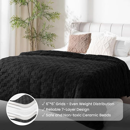 Drewin Weighted Blanket 20 Pounds, 3D Jacquard Checkered Sherpa Weighted Blankets Queen Size, Cozy Fluffy Bed Blanket for Relaxation, Soft Winter Adult Weighted Blankets, 60 x 80 inches, Black