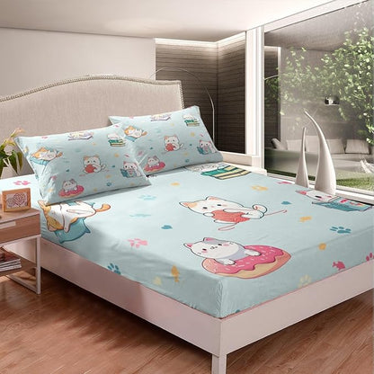 Kawaii Donut Cat Fitted Sheet Twin,Watercolor Litter Cat Paw Bed Sheet 2 Pieces Fits Mattress,Reading Cat Animals Lover Decorative Fabric Bedding All-Round Elastic Pocket