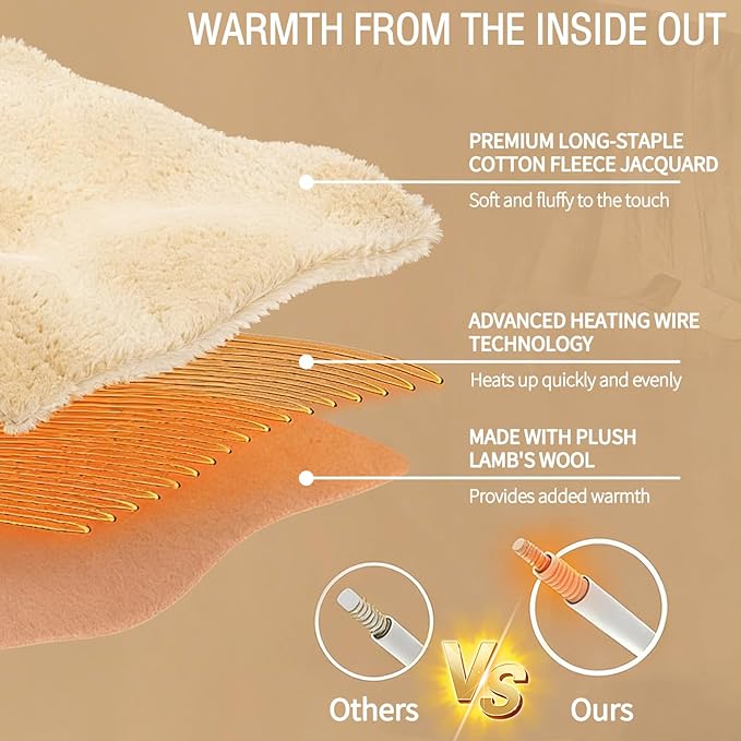 Electric Heating Blanket Throw size 50x60,Electric Blanket Checkered Weave-Wool Blend Heated Blanket,Rapid Heating 6 Temperature Settings 4-Hour Auto Shut-Off ETL Certified,Machine Washable,Light Gray