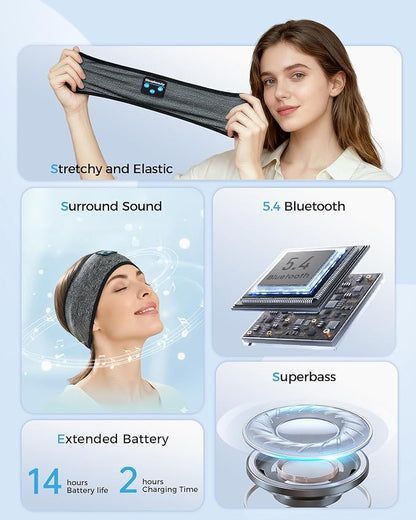 Sleep Headphones Bluetooth Headband 5.4, Wireless Headphones with Ultra-Thin HD Stereo Speakers, Soft Breathable Sports Headband for Sleeping, Running, Yoga, Travel, Gifts for Men & Women