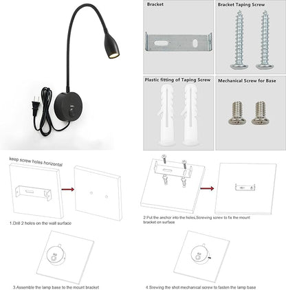 LED Wall Reading Light with USB Charging Port, Dimmable Gooseneck Bedside Lamp, Flexible Arm, 3W (Black, 120V Plug in, Warm White)