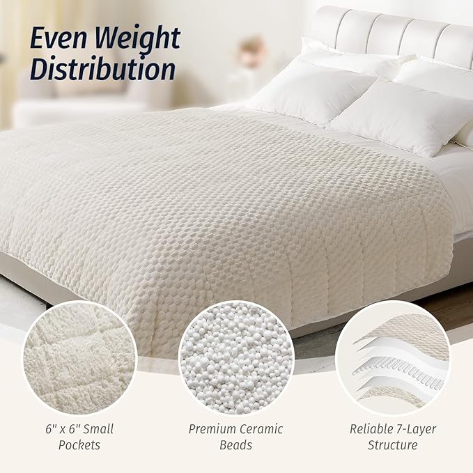 Wemore Fleece Weighted Blanket for Adults (48" x 72" 15lbs, Cream White), Dual Sided Cozy Soft Sherpa Heavy Blanket, 3D Imitation Turtle Shell Warm Jacquard Flannel Weighted Blankets for Couch and Bed