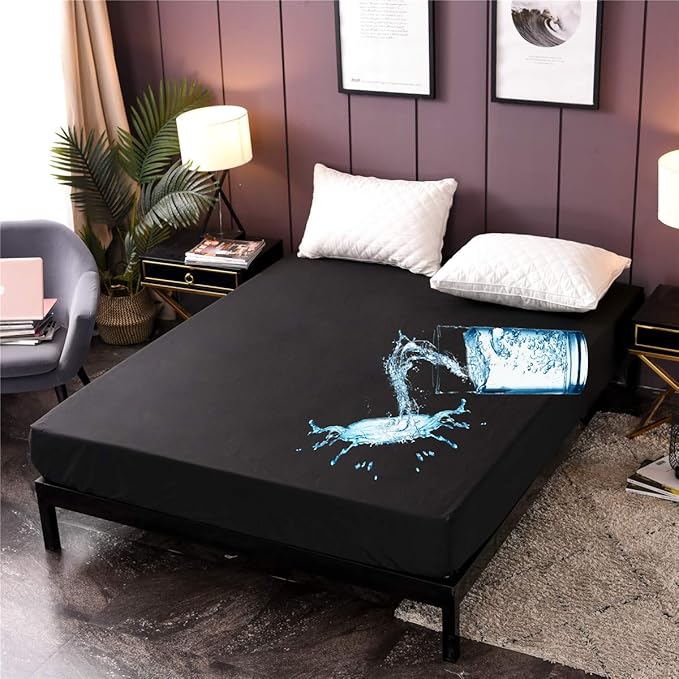 Holawakaka Twin Waterproof Mattress Protector Black Fitted Sheet Breathable Bed Mattress Pad Cover, 14" Deep Pocket (Black, Twin)