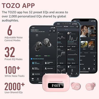 TOZO NC9 Hybrid Active Noise Cancelling Wireless Earbuds, 6 Mics ENC Clear Call, IPX8 Waterproof, in Ear Bluetooth 5.3 Headphones Stereo Bass Ear Buds 60H Playtime with LED Display 32 EQs via APP