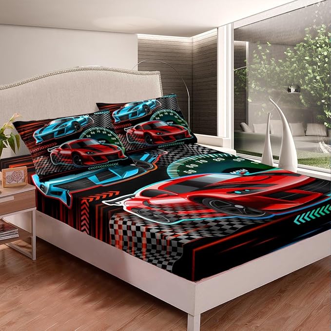 Race Car Themed Bedding Set Twin Size Cartoon Sports Cars Bed Set for Teens Bedroom Decor Kids Sheet Microfiber Speeding Game Bed Cover(1 Fitted Sheet+1 Pillow Case)