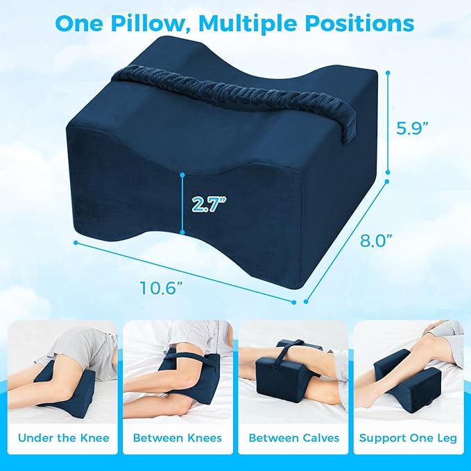 Knee Pillow for Side Sleepers, Memory Foam Leg Pillow with Strap for Side Sleeping, Supportive Elevation Pillow Between Legs for Knee, Ankle Sciatica, Pregnancy, Joint Pain (Blue/Regular)