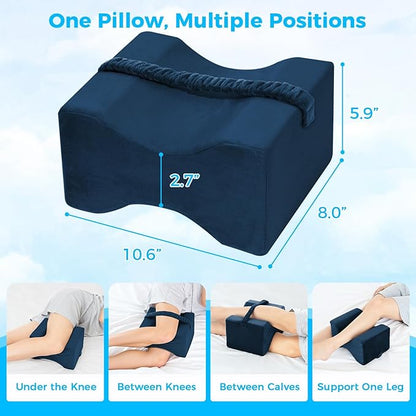 Knee Pillow for Side Sleepers, Memory Foam Leg Pillow with Strap for Side Sleeping, Supportive Elevation Pillow Between Legs for Knee, Ankle Sciatica, Pregnancy, Joint Pain (Blue/Regular)