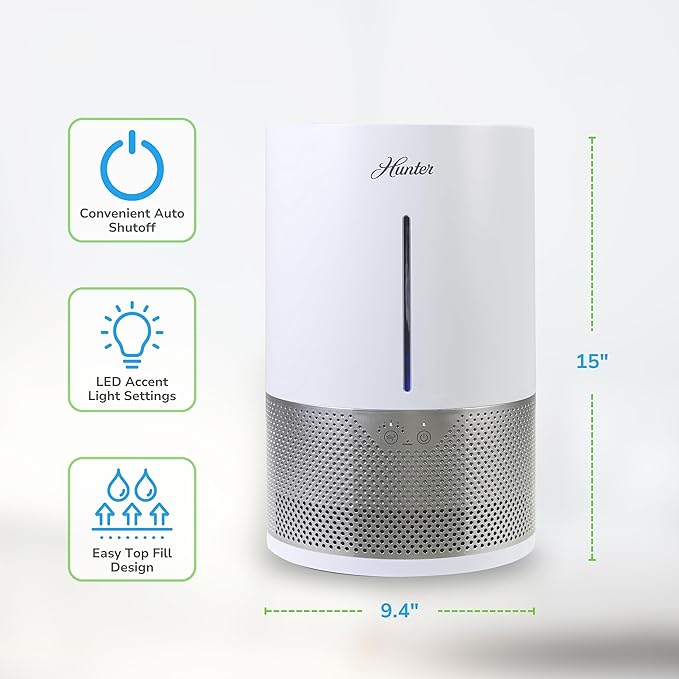 HHE150 Hunter Aspire 4.8L Evaporative Humidifier with PermaWick Filter (4.8L) - Remove Contaminants & White Dust for Clean Mist & Air – Medium Humidifier for Home, Bedroom, or Dorm - White