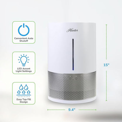 HHE150 Hunter Aspire 4.8L Evaporative Humidifier with PermaWick Filter (4.8L) - Remove Contaminants & White Dust for Clean Mist & Air – Medium Humidifier for Home, Bedroom, or Dorm - White