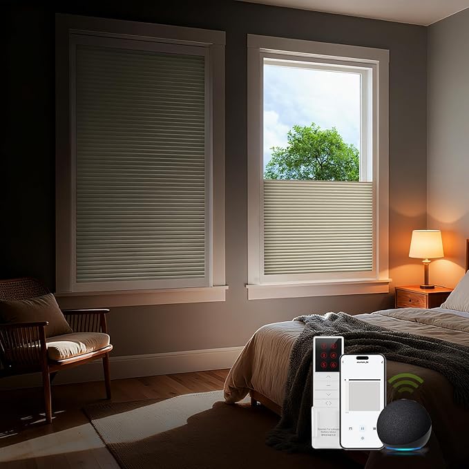 ZSTARR Motorized Skylight Shades Blackout Cellular Honeycomb Electric Blinds with Solar Panel Cordless Rechargeable with Remote for Roof and Slanted Windows Custom Size (Black Out Coffee)
