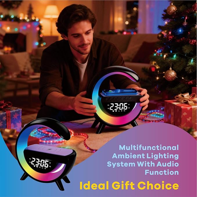 Wireless Charging Table Lamp, Multifunctional Bluetooth Speaker & Alarm Clock - LED Bedside Desk Lamp Night Light for Heavy Sleepers, Superfine Bedroom Home Decoration (Black)