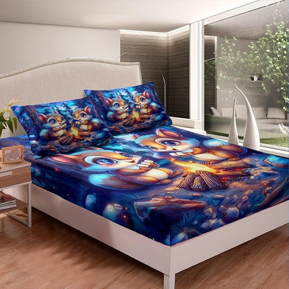 Kawaii Squirrel Kids Fitted Sheet Full Size,Starry Sky Adventure Camping Campfire Bedding Set,Boys Girls Room Decor,Cartoon Jungle Animal Rustic Bed Cover,Blue Bed Sheet,2 Pillowcases(No Top Sheet)