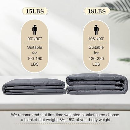 downluxe Weighted Blanket Queen Size, 15 lb Weighted Blanket with Glass Beads for All Season, Machine Washable Heavy Blanket (Grey, 90 X 90 Inch)