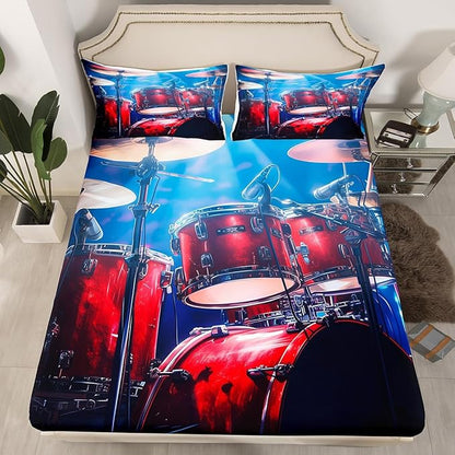 Manfei Red Drum Kit Kids Sheet Set King Size, Rock Music Theme Bed Sheet Set 4pcs (Fitted Sheet, Flat Sheet, 2 Pillowcases), Musical Instrument Bedding Set for Boys Girls Teens Bedroom Decor