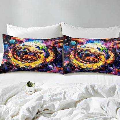 Snake Fitted Sheet Twin Size,Starry Sky Galaxy Nebula Planet Trippy Bedding Set,Boys Girls Room Decor,Reptile Animals Outer Space Universe Bed Cover,Purple Fashion Bed Sheet,1 Pillowcase