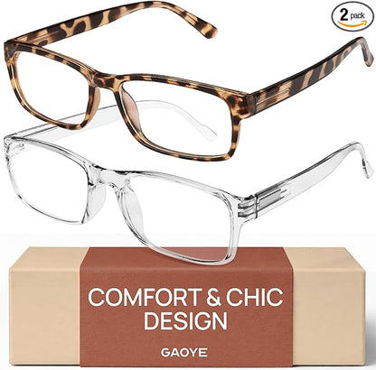 Gaoye +1.75 2-Pack of Reading Glasses - Blue-Light Filter, UV Protection - Readers with Rectangle Frames
