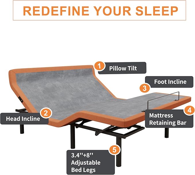 ESHINE Adjustable Bed Frame - Queen Bed Base with Massage, Pillow-tilt, Smart APP Control, Ergonomic Incline, Zero Gravity, Dual USB Port, Under Bed Light, Wireless Remote, 5000 Series