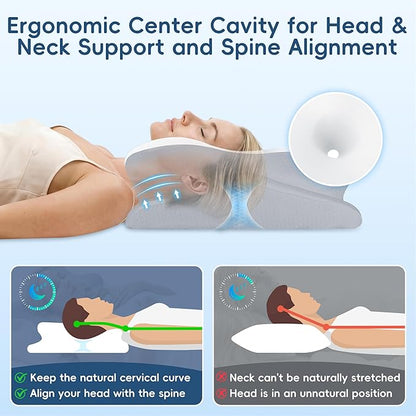Cervical Pillow for Neck and Shoulder Support, Ergonomic Contour Pillow for Pain Relief, 2 Heights Cooling Memory Foam Orthopedic Pillow for Side Back Stomach Sleepers White Grey