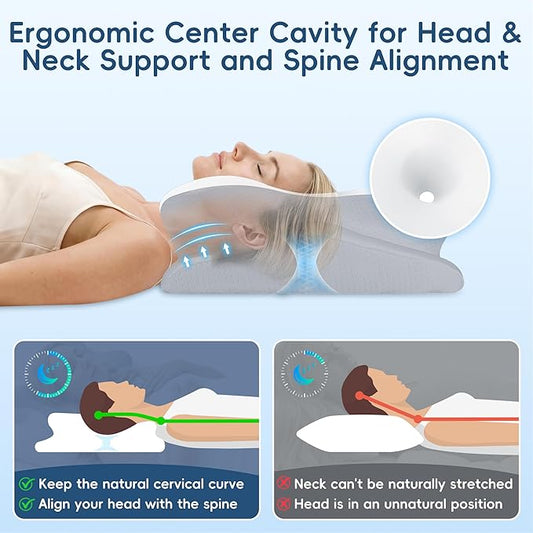 Cervical Pillow for Neck and Shoulder Support, Ergonomic Contour Pillow for Pain Relief, 2 Heights Cooling Memory Foam Orthopedic Pillow for Side Back Stomach Sleepers White Grey