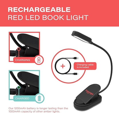 Hooga Red Book Light, Clip On 625nm LED Light for Reading in Bed, No Blue Light, Eye Care, Gift for Students, Kids, Travel, Nursing, Studying