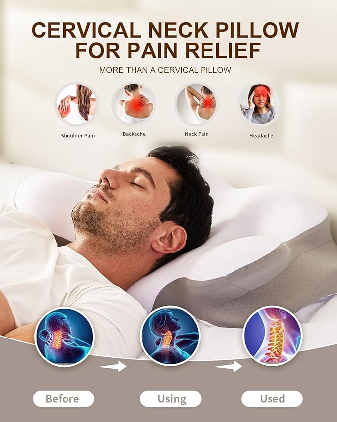 Cervical Neck Pillow for Pain Relief, Ergonomic Contour Memory Foam Pillow Side Sleeper Pillow for Neck Support,Odorless Pillow with Cooling Pillowcase