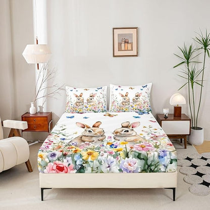 Spring Easter Fitted Sheet Full Size Bunny Cute Rabbits Flower Bedding Set for Kids Bedroom Floral Farmhouse Watercolor Bed Sheet Set 3pcs White Colorful Deep Pocket Mattress Cover,No Top Flat