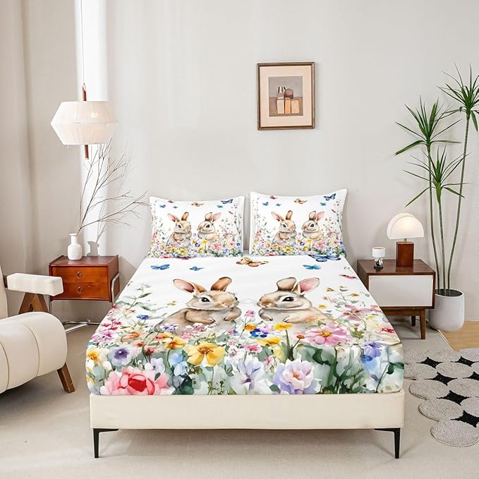 Spring Easter Fitted Sheet Queen Size Bunny Cute Rabbits Flower Bedding Set for Kids Bedroom Floral Farmhouse Watercolor Bed Sheet Set 3pcs White Colorful Deep Pocket Mattress Cover,No Top Flat