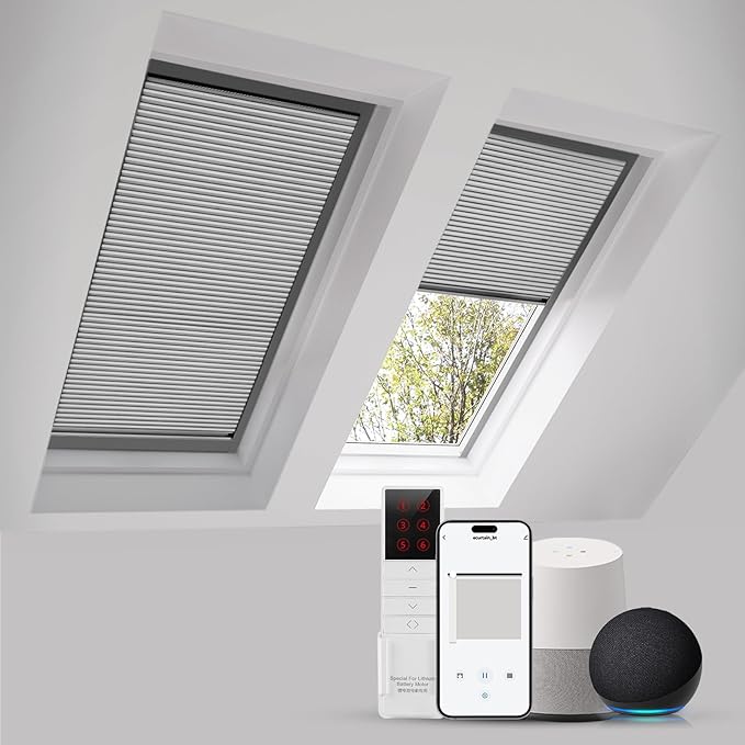 ZSTARR Motorized Skylight Shades Blackout Cellular Honeycomb Electric Blinds with Solar Panel Cordless Rechargeable with Remote for Roof and Slanted Windows Custom Size (Black Out Light Grey)