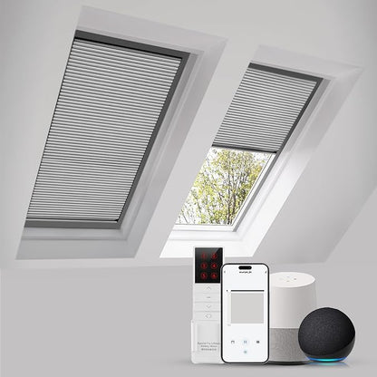 ZSTARR Motorized Skylight Shades Blackout Cellular Honeycomb Electric Blinds with Solar Panel Cordless Rechargeable with Remote for Roof and Slanted Windows Custom Size (Black Out Light Grey)