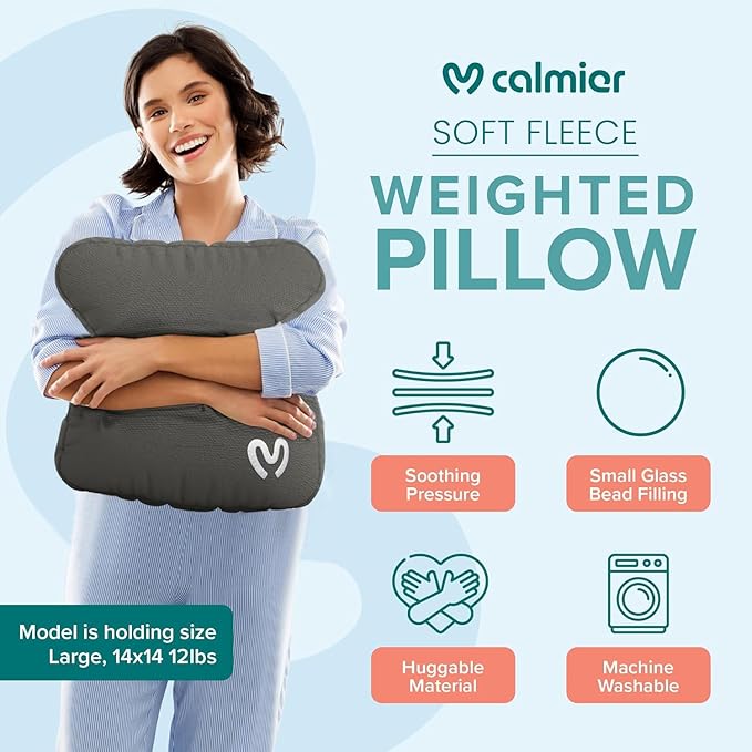 Calmier - 9 lb Sensory Weighted Pillow - Glass Bead Filled Hug Pillow - Ultra Plush Cozy Weight Sensory Pillows for Adults and Kids - Weighted Lap Pad (Light Gray- Fleece, 9 LBS)