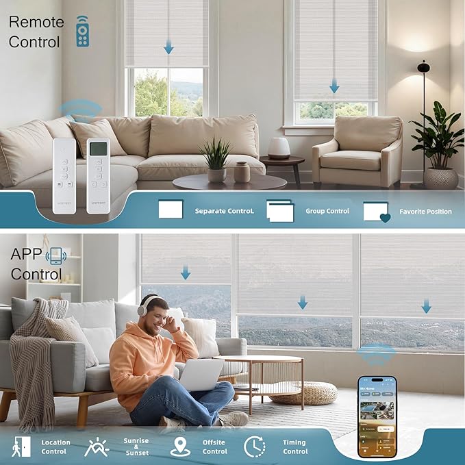 Motorized Blinds,Motorized Light Filtering Shades, 50% Blackout Smart Shades for Windows, Half-Shading Electric Blinds with Remote, APP/Voice Control,Sunscreen PVC Free Pearl