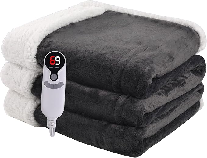 Heated Blanket Electric Blanket Full Size 72''x84'' with 9 Heating Levels, 1-10 Hour Auto Shut Off, Machine Washable, Flannel & Sherpa Soft Warming Blanket for Couch, Bed, Office - Dark Grey