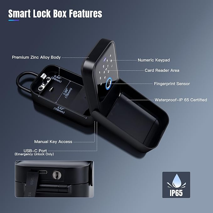 Smart Key Lock Box, Bluetooth Fingerprint Lock Box with Tuya APP Control, Fingerprint Recognize & Multiple Code Types, Security Key Lock box for Outside, Owner, Realtor, Airbnb (New Version)
