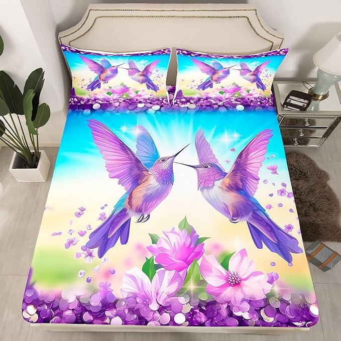 Hummingbird Boys Girls Bed Sheets,Lilac Flower Spring Dreamy Room Decor,Vintage Floral Animal Kids Twin Size Fitted Sheet,Purple Blue Bedding Set,1 Pillowcase(No Flat)